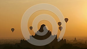 Hot air balloon over plain of Bagan, Myanmar