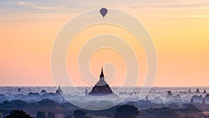 Hot air balloon over plain pagodas Bagan, Myanmar