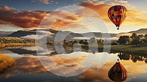 Hot Air Balloon Over Reflective Lake At Sunrise