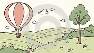 Hot Air Balloon Over Rolling Hills and Scattered Trees, vector design Generative AI