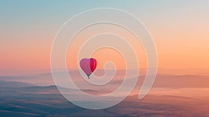 Hot air balloon over the sea at sunset. Colorful sky with clouds.