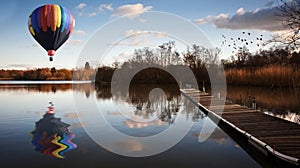 Hot air balloon over sunset lake with jetty