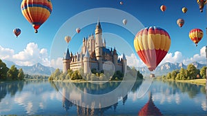 Hot air balloon passes through magnificent palace and castle photo