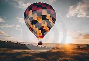 hot air balloon rising over golden field in the morning sun