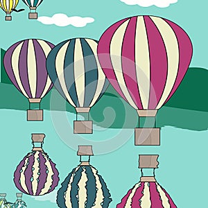 Hot air balloon by the river vector illustration background greeting card