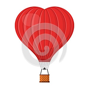 Hot air balloon shape of a heart with basket isolated on white background, Red Aerostat cartoon air-balloon traveling