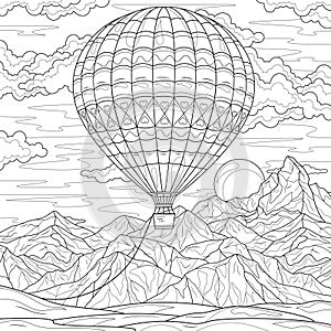 Hot air balloon in the sky above the mountains. Coloring book antistress for adults.