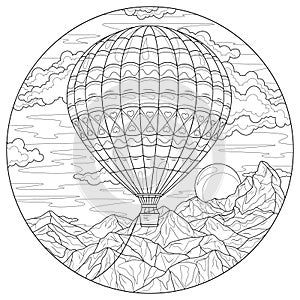Hot air balloon in the sky above the mountains. Coloring book antistress for adults