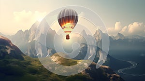 Hot air balloon soaring above beautiful landscape.