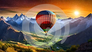 A hot air balloon soars over a colorful backdrop of valley and mountains.