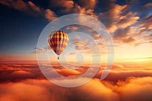 Hot air balloon in the sunset evening sky with clouds