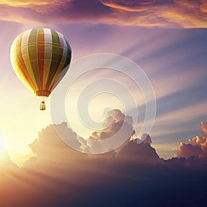 Hot air balloon in the sunset evening sky with clouds, copy space, generative AI