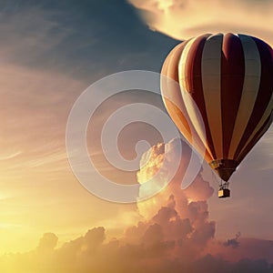 Hot air balloon in the sunset evening sky with clouds, copy space, generative AI
