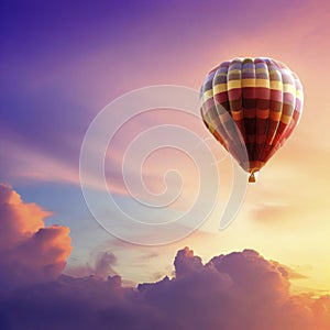 Hot air balloon in the sunset evening sky with clouds, copy space, generative AI