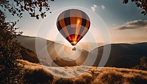 Hot Air Balloon at Sunset Over Hills