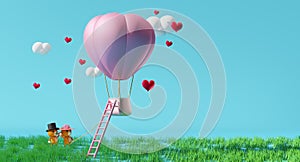 Hot air balloon and Teddy bear with heart shaped and ladder on grass for Valentine`s Day background in sky blue pastel compositio