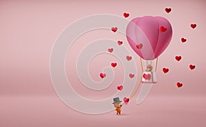 Hot air balloon and Teddy bear with heart shaped for Valentine`s Day background in pink pastel composition ,3d illustration or 3d