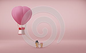 Hot air balloon and Teddy bear with heart shaped for Valentine`s Day background in pink pastel composition ,3d illustration or 3d