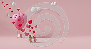 Hot air balloon and Teddy bear with heart shaped for Valentine`s Day background in pink pastel composition ,3d illustration or 3d