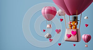 Hot air balloon and Teddy bear with heart shaped for Valentine`s Day background in sky blue pastel composition ,3d illustration o