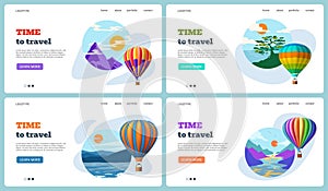 Hot air balloon. Travel time landing page. Adventure journey. Nature landscape. Website design template. Aerial