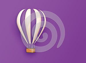 Hot air balloon violet white stripes, colorful aerostat on violet background. 3d photo realistic vector illustration