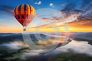 Hot air balloon watching the landscape from the air in nature tourism photo