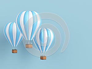 Hot air balloon white and blue stripes, colorful aerostat on blue background. 3d render
