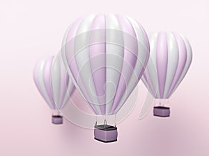 Hot air balloon white and pink stripes, colorful aerostat on blue background. 3d render