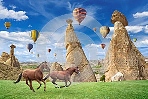 Hot air ballooning and two horses running in Cappadocia, Turkey.