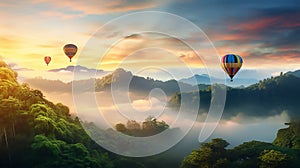 Hot air balloons above the mountains. Colorful hot air balloons flying over mountain. panorama