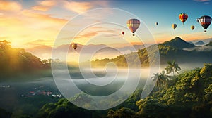 Hot air balloons above the mountains. Colorful hot air balloons flying over mountain. panorama