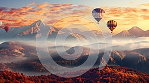 Hot air balloons above the mountains. Colorful hot air balloons flying over mountain. panorama