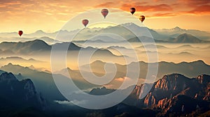 Hot air balloons above the mountains. Colorful hot air balloons flying over mountain. panorama