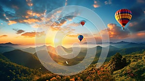 Hot air balloons above the mountains. Colorful hot air balloons flying over mountain. panorama