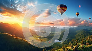 Hot air balloons above the mountains. Colorful hot air balloons flying over mountain. panorama