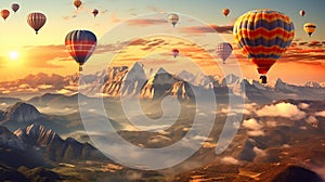 Hot air balloons above the mountains. Colorful hot air balloons flying over mountain. panorama