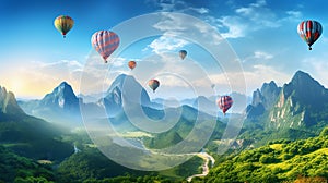 Hot air balloons above the mountains. Colorful hot air balloons flying over mountain. panorama