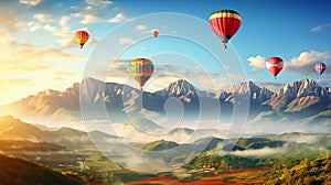 Hot air balloons above the mountains. Colorful hot air balloons flying over mountain. panorama
