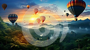 Hot air balloons above the mountains. Colorful hot air balloons flying over mountain. panorama