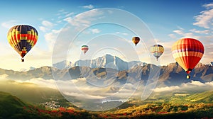 Hot air balloons above the mountains. Colorful hot air balloons flying over mountain. panorama