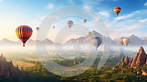 Hot air balloons above the mountains. Colorful hot air balloons flying over mountain. panorama