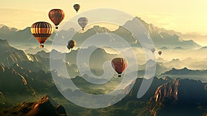 Hot air balloons above the mountains. Colorful hot air balloons flying over mountain. panorama