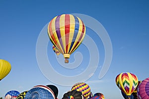 Hot-air balloons ascending over inflating ones