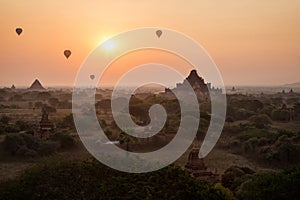 Hot air balloons in Bagan at sunrise