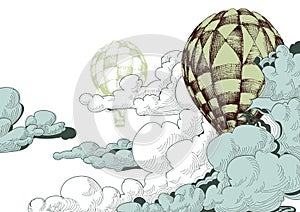 Hot air balloons in the clouds, sky background