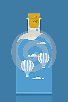 Hot air balloons in a cloudy sky inside a closed bottl