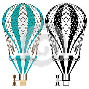 Hot air balloons. Colorful and black and white aerostat vector isolated on white background