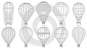 Hot air balloons, colouring page flying linear air balloons. Retro air balloon, flight tourism sky transport vector