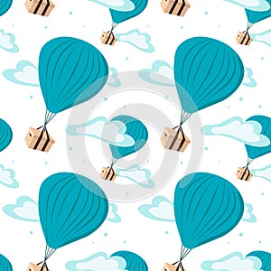 Hot air balloons with delivery boxes. Seamless pattern of shipping goods by air